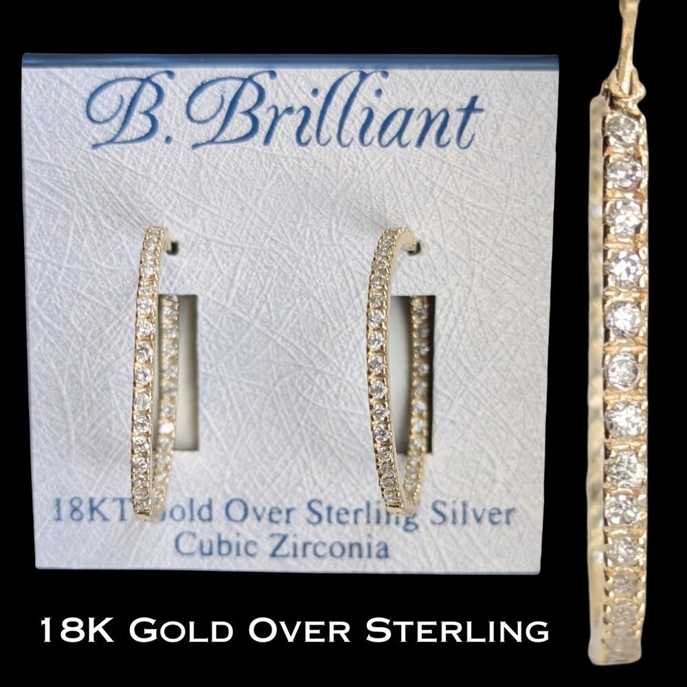 B. Brilliant 18K Gold Over Sterling Silver Hoop Earrings Cubic Zirconia NEW